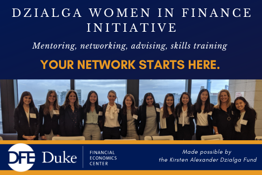 Dzialga Women in Finance Initiative; mentoring, networking, advising, skills, training; Your network starts here; photo of 12 students and mentors in board room